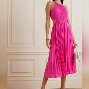 Michael Kors Halter Neck Pleated Cut-out Midi Dress cerise/pink Sz M BNWT